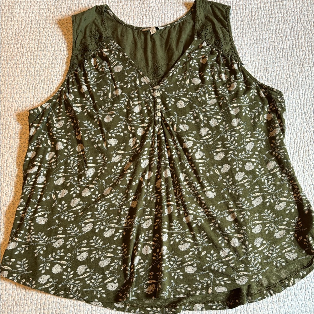 Lucky Brand Olive Green Floral V-Neck Sleeveless Top